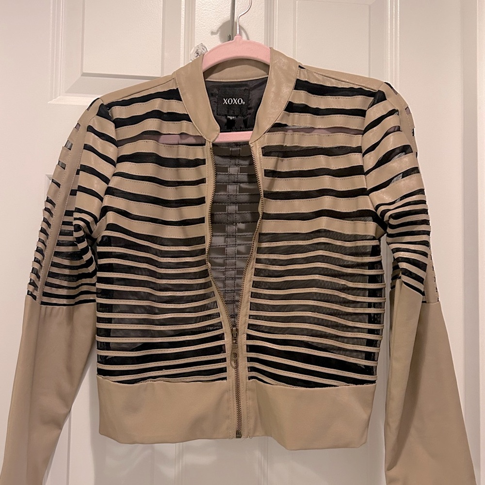 XOXO Women’s Tan Faux Leather Illusion Striped Jacket